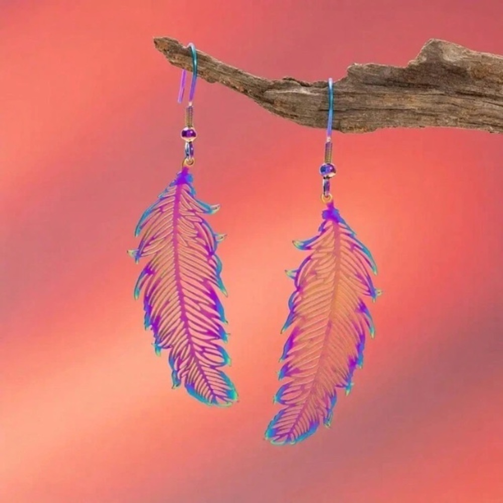 Pink purple blue bohemian hollowed feather dangle drop earrings women cute gift